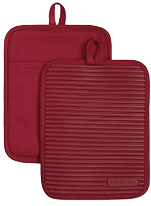 KitchenAid Ribbed Soft Silicone Pot Holder 2-Pack Set, Passion Red, 7x9