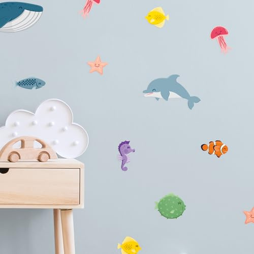Klebekerlchen® | Wandtattoo Kinderzimmer Junge & Mädchen, Wandsticker selbstklebend, wiederverwendbare & rückstandsfreie Kinderzimmer Deko – Wandtattoo Meerestiere Sticker (Set mit 23 Motiven)
