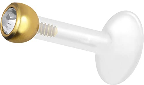 PIERCINGLINE PTFE Labret mit Gewinde TITAN AUFSATZ KRISTALL 2,5 mm Piercing Lippe Nase Ohr Goldfarben 1,2 x 5 mm