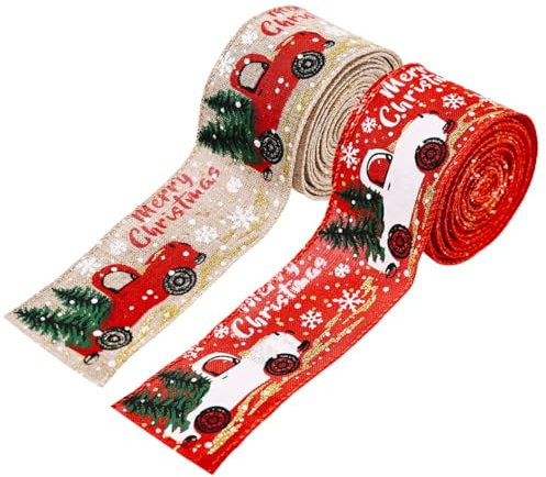 2 rotoli di nastro natalizio con bordo metallico, albero di Natale e camion nastro da avvolgere per ghirlande fai da te avvolgimento artigianato decorazione 2 pollici x 5 m