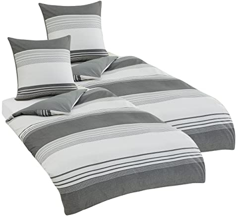 BEDSURE Bettwäsche 135x200 4teilig Bettbezug - Bettwäsche-Sets 135 x 200 cm 2er Set mit 2 Kissenbezüge 80x80cm, ÖKO-TEX Wendebettwäsche Bedding Grau Gestreift Muster mit Reißverschluss