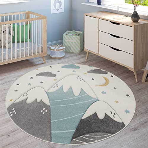 Paco Home Teppich Kinderzimmer Kinderteppich Spielteppich Junge Mädchen 3D Optik Modern Pastell Berge Wolken Sterne, Grösse:160 cm Rund