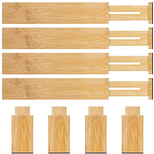 4 Pack Bamboo Drawer Dividers Organizer with Inserts 2.6'' High, Expandable from 12.5-21.7, Adjustable Drawer Organizer Separators for Utensils, Clothing, Office, Dresser, Bedroom, (Beige)