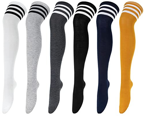 6 par knähöga strumpor kvinnor lårstrumpor för flickor damer lång stövel strumpa benvärmare höga strumpor vardaglig för daglig användning, cosplay, Ingefära gul svart grå rand, Medium-Large