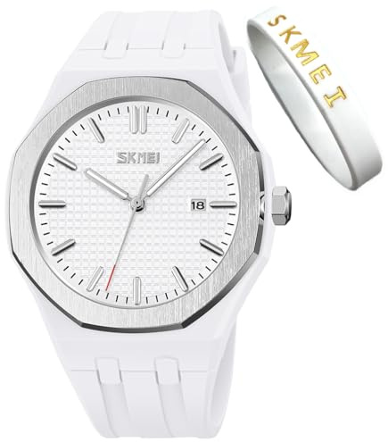 SKMEI Relojes para hombre, correa de silicona simple, impermeable, deportivo, casual, analógico, de cuarzo, regalos para hombres jóvenes, reloj de pulsera blanco, G9299white, Moda