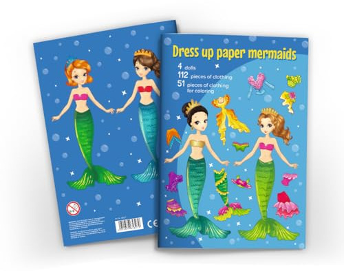 Junapack Anziehpuppen zum Ausschneiden Anziehpuppe aus Papier Papierpuppen-Spielbuch (4 Puppen/Meerjungfrauen) mit Kleidungsstücken zum Anziehen