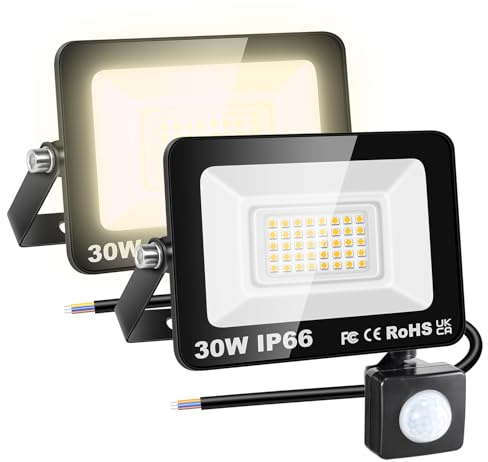 RIGIDON 2x 30W 3000LM Aussenleuchte Bewegungsmelder Led Strahler, Außen Leds Lampe, 3000K Warmweiß Wasserdicht Flutlicht Außenleuchte, Für Garten Garage Carport Hauswand