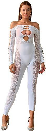 Bommi Fairy Women's Sexy Tight Hollow Out Long Sleeve Fishnet Sparkle Bright Artificial Pearls Bodystocking Rave Outfits Stretchy Suit One Size