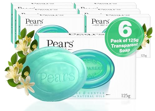Pears Pure & Gentle Transparent Natural Soap Bar - Made with Lemon Flower Extracts, Nourishing and Refreshing Bathing Cleanser, Gentle & Soothing Skin Care, Pure Transparency, Pack of 6 x 125g