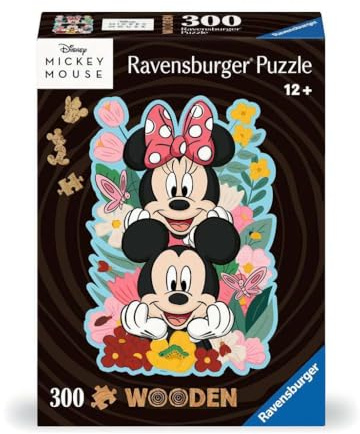 Ravensburger Wooden Puzzle 12000762 - Mickey & Minnie - 300 Teile Kontur-Holzpuzzle mit stabilen, individuellen Puzzleteilen und 25 kleinen Holzfiguren = Whimsies, für Disney-Fans ab 12 Jahren