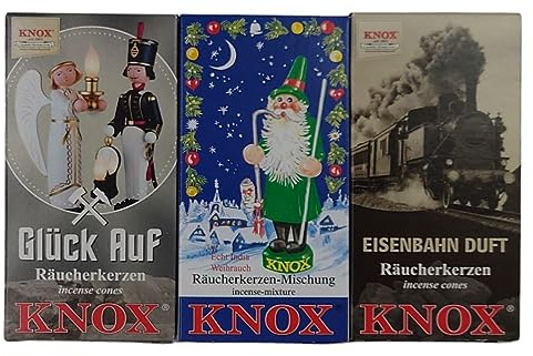 Knox Sparpack Räucherkerzen Weihnachtliche Mischung + Glück Auf + Eisenbahn Duft/Größe M/Inhalt pro Schachtel 24 Räucherkegel/Duftkegel