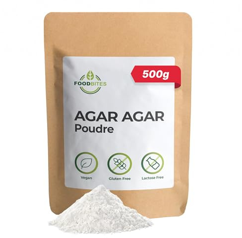 Food Bites Agar Agar Poudre Alimentaire 500g - Gélatine en Poudre Épaississant pour Desserts, Cuisine Moléculaire & Mixologie - Gelatine Vegetale 100% Pure - eBook OFFERT 20 Recettes