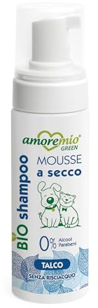 Amore Mio | Bio Shampoo a Secco igienizzante per Cani, Gatti e Cuccioli, Mousse Senza Risciacquo, Detergente Pelo, NO Alcool e Parabeni, Profumazione Talco - 200 ml