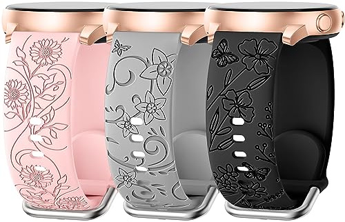 AMSKY 3 Pièces Floraux Bracelet Compatible avec Samsung Galaxy Watch 7/4/6/5 40mm 44mm, Watch 6/4 Classic 43mm 47mm 42mm 46mm, 5 Pro 45mm, FE 40mm, 3 41mm, Bracelet 20mm en Silicone Femme