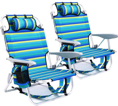 Canpsky 2 Pack Lightweight Portable Camping Beach Chair for Adults, Outdoor Lay Flat Folding Beach Chairs with 5 Positions, Backpack Beach Chair with Towel Bar, Zipper Pouch, Cup Holder, Ocean Striped