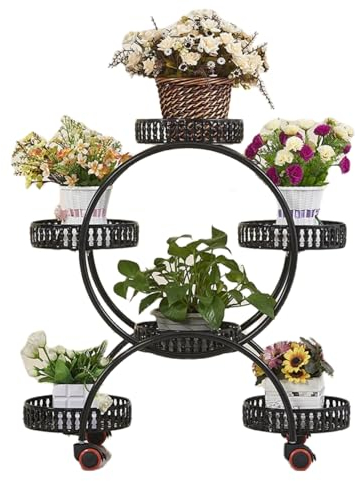 TOWINE Blumenständer Runder Pflanzenständer mit Rollen, Retro-Blumenständer, bodenstehender Blumentopfständer aus Eisen mit Blumenkörben Pflanzenregal für Gartenbalkon (Color : B, Size : O)