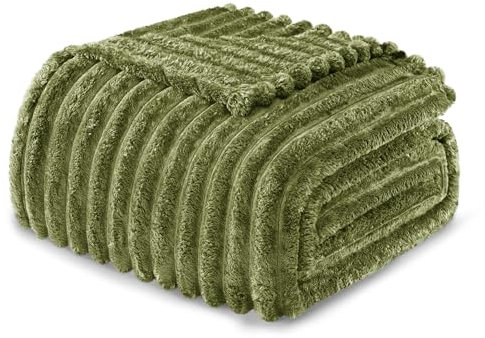 Exclusivo Mezcla Couverture Polaire, Plaid Canapé en Rayé, Couverture de Lit Super Douce en Jacquard, Léger et Moelleux pour Toutes Les Saisons, 150x200CM, Vert Olive