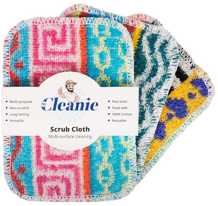 Mr Cleanie 3-Pack Scrub Cloths Multipurpose Non-Scratch Eco Friendly Cotton Dish Washing Up Scourer for Kitchen and Household Cleaning Dishwasher Safe Reusable