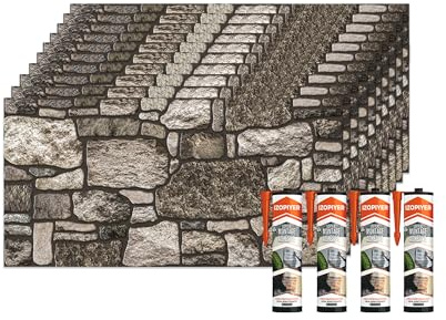 IZODEKOR Tradition Stone Lot de 10 panneaux muraux 3D aspect brique + 4 adhésifs de montage, revêtement aspect pierre, en polystyrène, pour salon, cuisine, salle de bain, balcon, chambre et terrasse