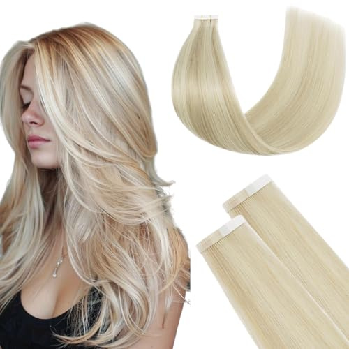 FUOTONBUTY Extensiones Adhesivas Pelo Natural Doble Costura, Extensiones Pelo (Rubio Dorado a Rubio Claro, 30cm)