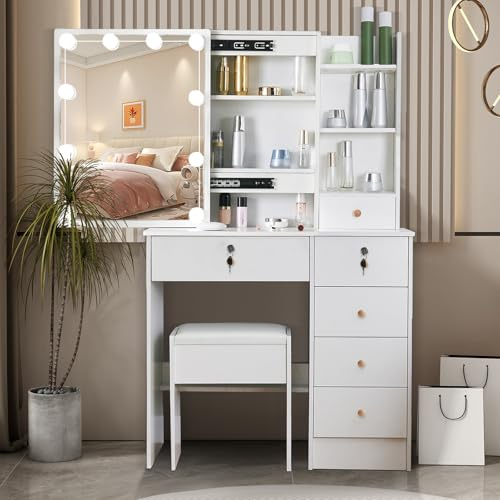 LIANWANG Modern Dressing Table with Sliding MIrror and Lockable Drawers, Makeup Vanity Desk with 3 Oppen and Hidden Cabinets, Vanity Set with Stool for Girls and Women