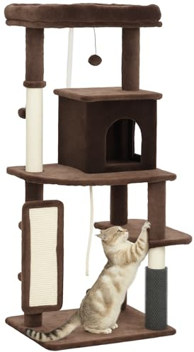 PawHut Árbol Rascador para Gatos Altura 132 cm con Plataformas Marrón | Árbol para Gatos, Torre, Poste con Cepillo, Bolas Colgantes, Almohadilla para Rascar