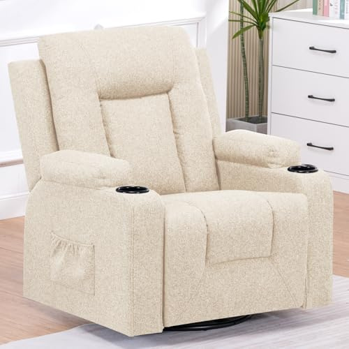 COMHOMA Relaxfåtölj Vardagsrum TV-Fåtöl, Loungefåtölj med Justerbart Ryggstöd 360° Vridbar, 2 Sidfickor och Mugghållare, Mörkgrå, beige