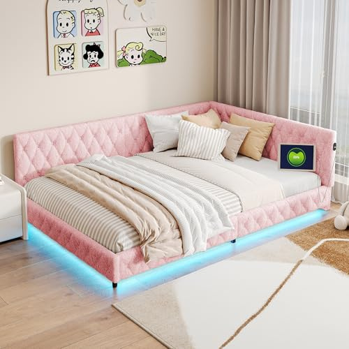 BRILVERDE Polsterbett 140 x 200 cm mit LED und USB, Doppelbett mit Lattenrost, Eckbett, Sofabett, Jugendbett, Teddy Wildlederstoff (Rosa)