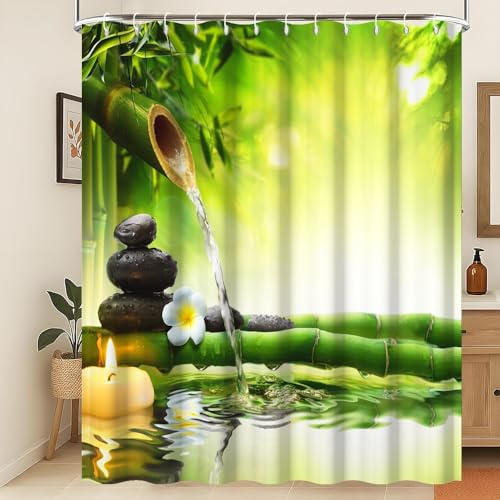 Xiaoterna Spa Rideau de Douche 3D Paysage de Jardin Zen Rideau de Salle de Bain Bambou Vert Floral printanier Pierre Noire Fleur Blanche Imperméable et Lavable en Machine 120x200cm
