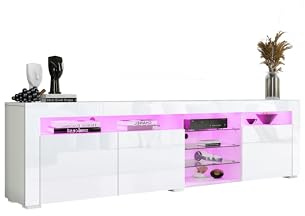 Chebinsiti 180CM High Gloss TV Stand Cabinet with LED Lights, White TV Unit | with 3 Doors and 6 Open Shelves, LED TV Cabinets for Living Room Bedroom, Home Furniture