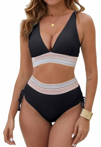 Yutdeng Conjunto Bikini Mujer Braga Alta Reductores Barriga Bikini Push Up con Relleno Cuello V Bañador Cinta Trenzada Correas Laterales Biquini Traje de Baño Mujer 2 Piezas Bañadores