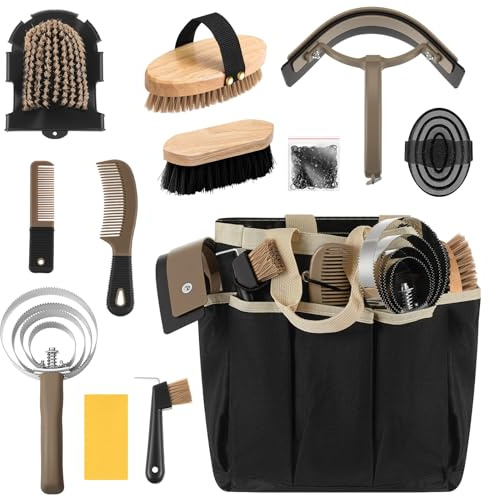 Abbylike 12 Piece Horse Grooming Kit with Organizer Tote Bag Brush Sets for Derby Day Show Horses Professional Tools for Care & Massage