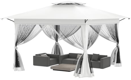 FIVMEN Paviljong 4 x 4 m, vattentät, stabil, vintersäkert festtält, vikpaviljong, justerbar höjd med dubbeltak och 4 myggnät, sidodelar, paviljong, trädgårdspaviljong inkl. bärväska, vit