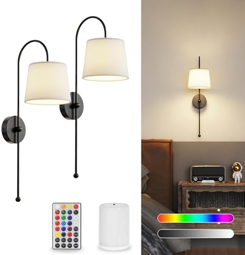 Yinglap Rechargeable Wall Lights Indoor with Remote for Living Room 2 Pack | Battery Operated Wall Lights,5000mAh Magnetic Dimmable Bulbs,18 Colors,Wireless Wall Sconces for Living Room Bedroom Black