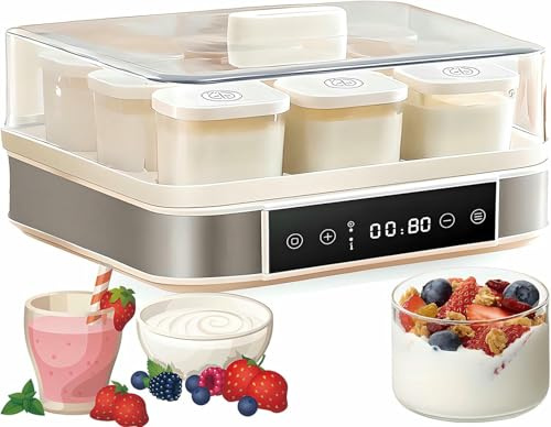 Yogurt Maker, macchina automatica digitale in acciaio inox con 9 barattoli di vetro, temperatura regolabile e controllo del tempo per yogurt biologico domestico, formaggio, natto