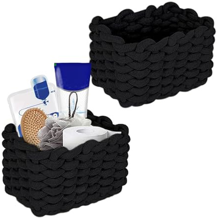 Geflochtene Baumwolle Strickkorb,2 Stück Aufbewahrungskorb Geflochten,19x15x12cm Kleiner Korb Geflochten Baumwolle Für Schreibtische, Frisiertische und Badezimmer(Schwarz)