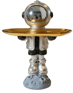 Leomarch Astronaut Figur mit Ablage – Dekorative Schlüsselschale & Organizer für Süßigkeiten, Schmuck & Schlüssel – Moderne Tischdeko für Wohnzimmer & Flur oder Büro (Silber/Gold)