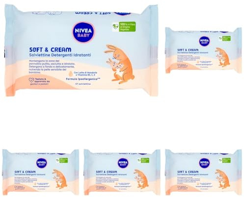 NIVEA BABY Salviettine Detergenti Idratanti Soft & Cream 57 Pezzi, Salviette neonato per una pelle pulita, asciutta e idratata, Salviettine neonato con Latte di Mandorla e Vitamine B5, C & E