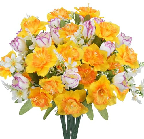 Fairblo 4 Stück Künstliche Narzissen Gelb Kunstblumen wie Echt Künstliche Blumen für Frühling Seidenblumen Blumenstrauß Deko für Balkon Garten Zuhause Vase Blumenkasten Tischdeko Grab