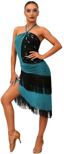 ROYAL SMEELA Abito da Danza Latino con Collo Halter,Vestito da Ballo Latino con Frange,Vestito Ballo Salsa Donna con Strass,Abiti Danza Tango Samba Rumba in Blu