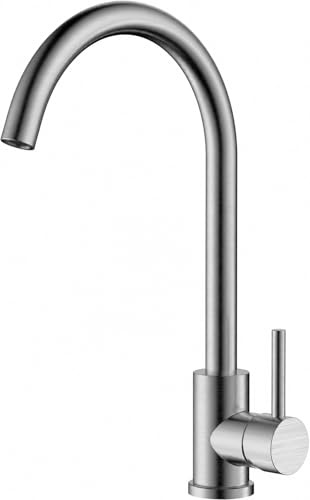 HOMSSY Grifo Fregadero Alto Inox Cepillado Monomando Cocina | Acero Inoxidable AISI 304, Caño Alto Giratorio, Bajo Consumo, Diseño Moderno Profesional