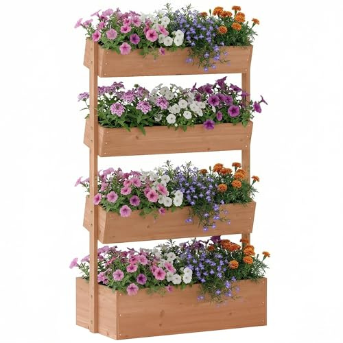 Outsunny Jardinière Surélevée en Bois à 4 Niveaux 85x45x140cm Marron | Carré Potager de Jardin, Doublure en Tissu, Trous de Drainage, pour Légumes Herbes Fleurs, Extérieur, Grande Taille