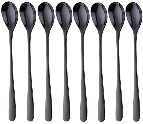 BISDARUN Latte Macchiato Löffel mit Langem Stil Edelstahl 304 Eislöffel 20,5CM(8 Inch) 8-teilig Lange Löffel für Kaffee Teel Dessertlöffel - Schwarz