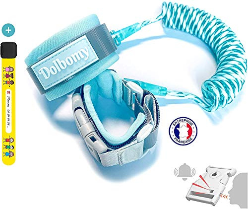 Dolbomy - Pulsera de seguridad para niños y bebés, 2 m de longitud de acero resistente y elástica, con bloqueo de llave y silbato de angustia, enganche para muñeca o arnés para cochecito antipérdida