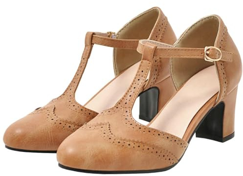 Trendenzy Women's T Strap Oxford Vintage Dress Shoes Mary Janes Chunky High Heel Pumps(Brown,US 8)