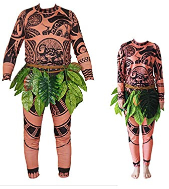 Halloween Familien Herren Kinder Maui Cosplay Tattoo Kostüm T-Shirt + Hose mit Blätterrock Erwachsenes Cosplay-Kostüm