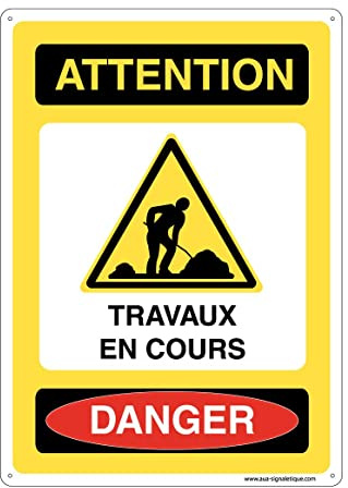 AUA SIGNALETIQUE - Panneau Prépercé (4 Trous) avec Angles arrondis - PVC Rigide 1.5 mm - (150x210 mm, Attention Travaux en Cours)