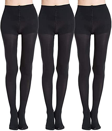 MANZI 3 Pairs 70 Denier Women's Tights Stretch Run Resistant Opaque Control Top Tights (3 Black,L)