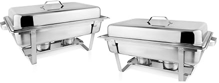 aro Chafing Dish Edelstahl, Twin Pack, 59.5 x 35.5 x 30 cm, 6 GN-Behälter (1x 9L, 2X 4L, 3X 2.5L), 2 Deckel, 4 Brennstoffbehälter, Silber, 2 Stück