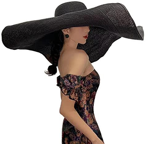 Dremokay Strandhut mit breiter Krempe, für Damen, großer Strohhut, UV-Schutz, faltbar, Sonnenschutz, Sommerhut, 70 cm, Schwarz , Einheitsgröße